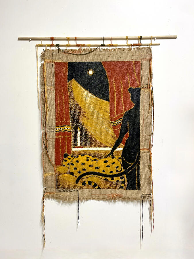 Resilencio, 2026, 40 x 36 inches, Oil stick, gesso, natural ochre pigment, dyed cotton threads on burlap.