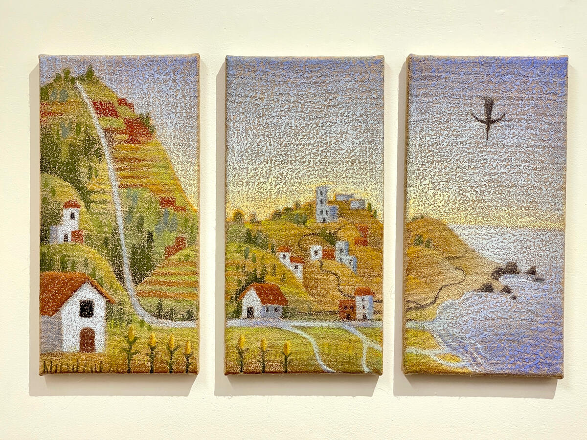 La Partida, 2025, each panel 8x16 inches, oil pastel on burlap