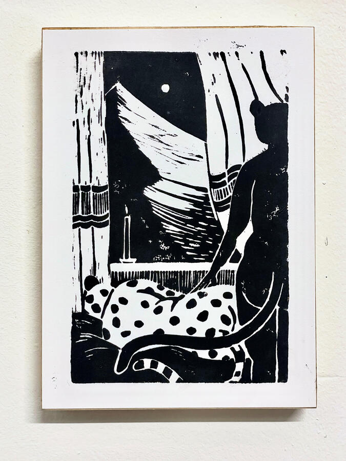 Resilencio, 2026, 7 x 5 inches, block printing ink on paper mounted on board