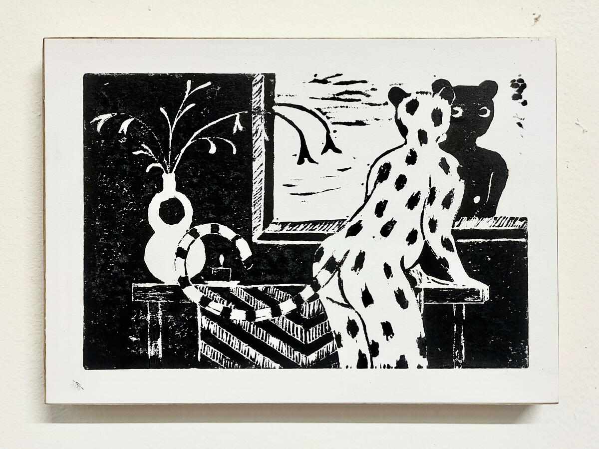 Otro Yo, 2026, 7 x 5 inches, block printing ink on paper mounted on board