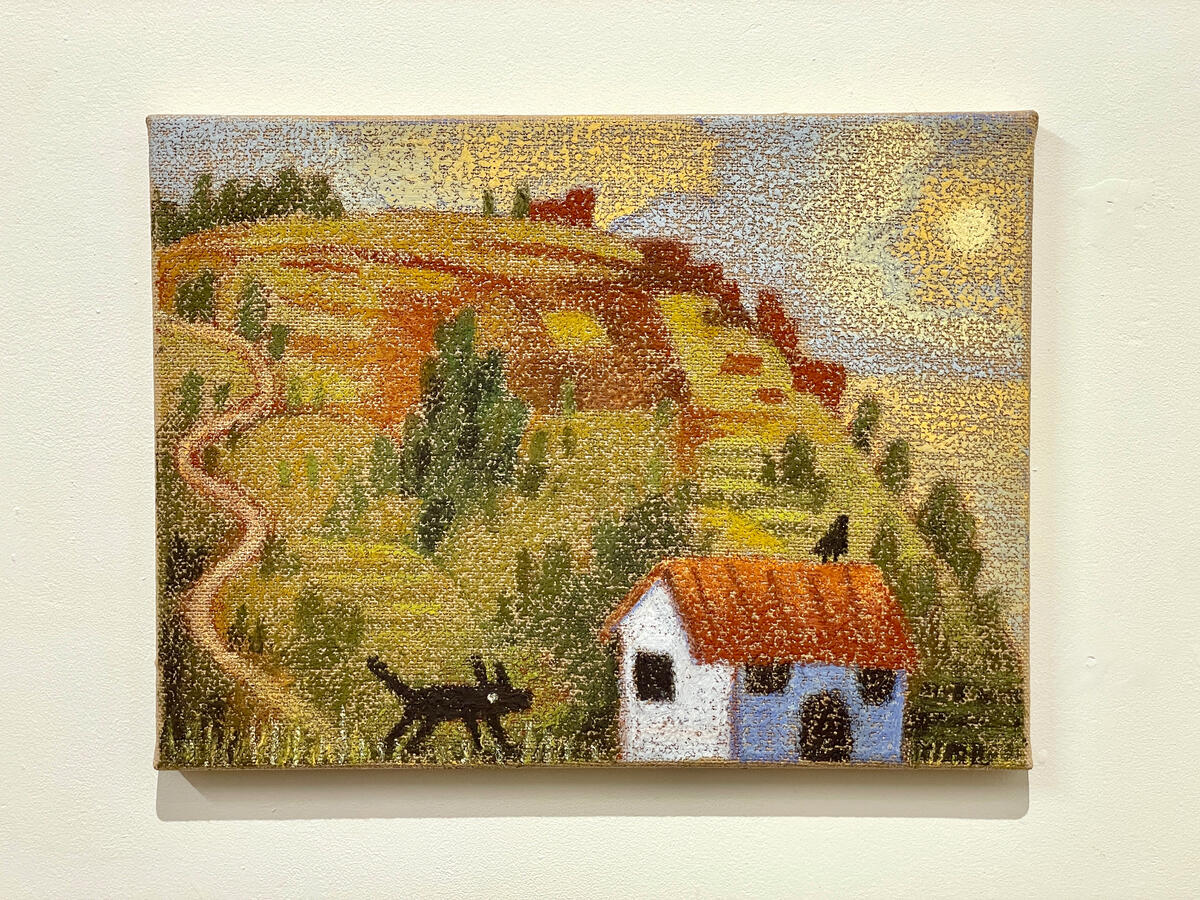 La Llegada, 2025, 16x12 inches, oil pastel on burlap